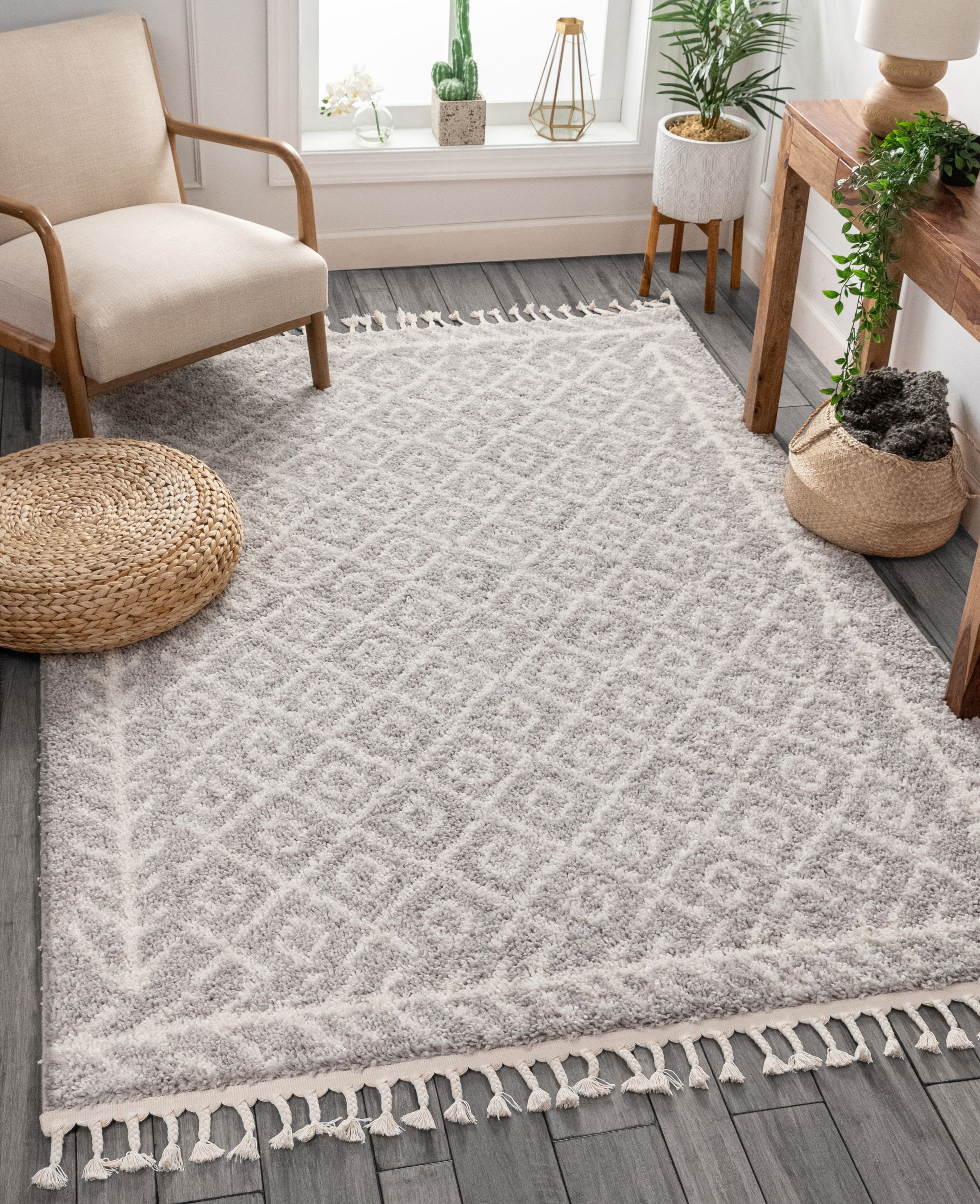 Well Woven Allie Grey Moroccan Shag Diamond Trellis Pattern Area Rug
