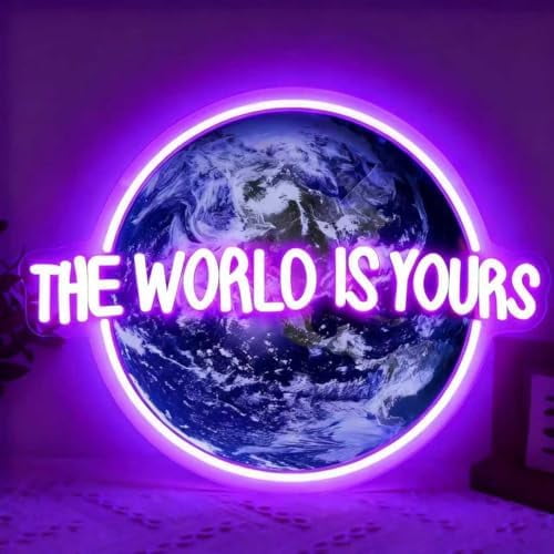 The World is Yours Neon Sign, Planet Led Neon Light Signs for Wall Decor Gaming LED Light up Sign Lamp for Party Bedroom Bar Game Room Man Cave Birthday Gamer Gift Dimmable USB Powered(16.4"*12.2")