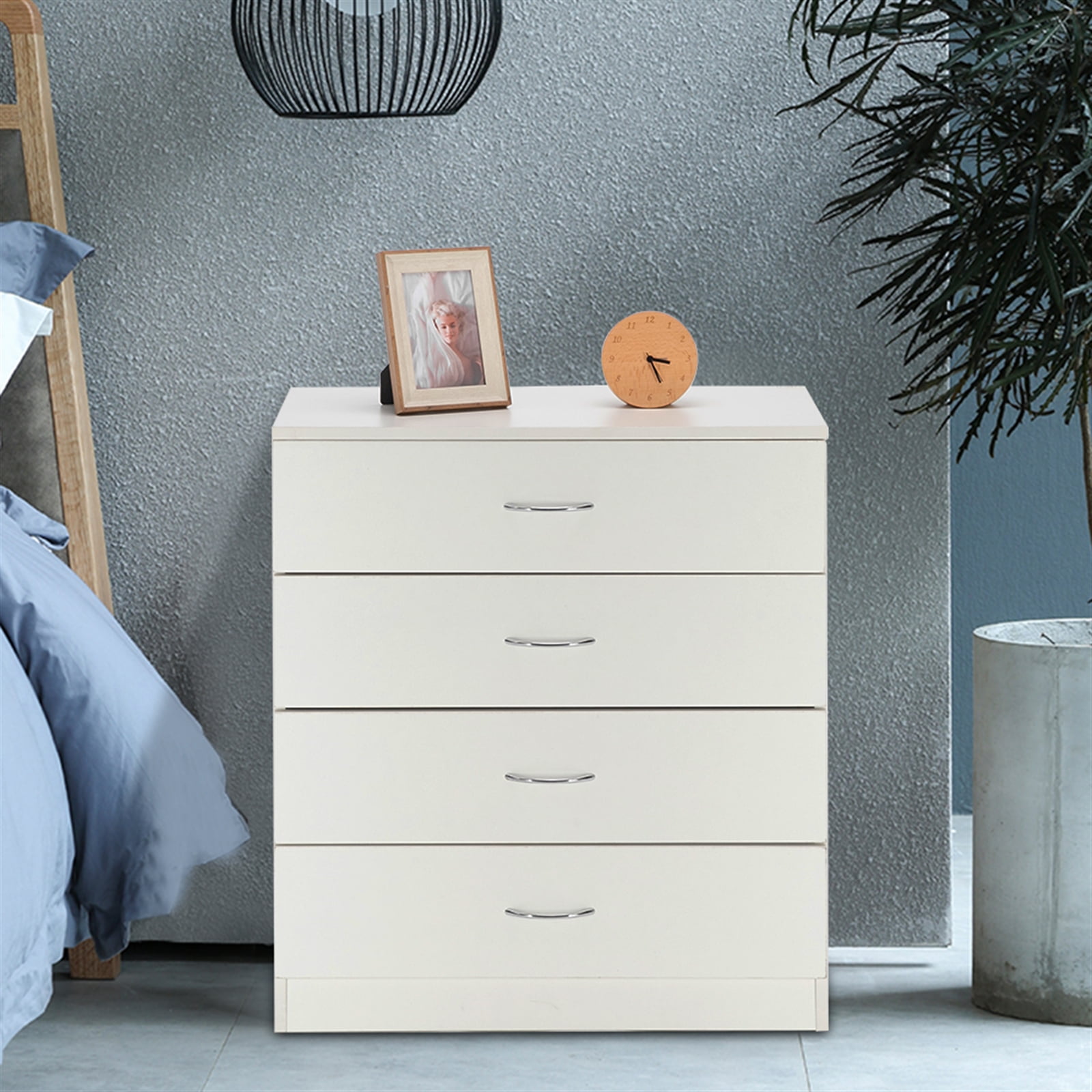 Closet Modern Bathroom Floor Cabinet with Wood Legs for Bedroom,Living Room Wood Wide Chest of Drawers White 4 Drawers Dresser Entryway Hallway 