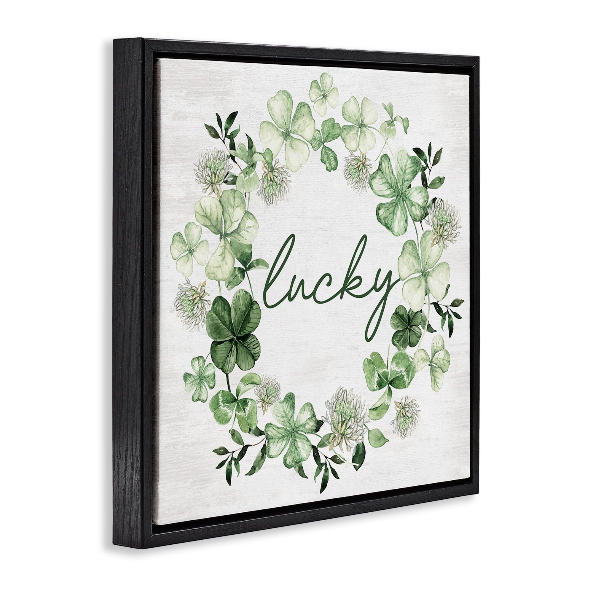 Stupell Industries Lucky Clover Wreath Botanical & Floral Painting Black Floater Framed Canvas Art Print Wall Art, 18 x 18