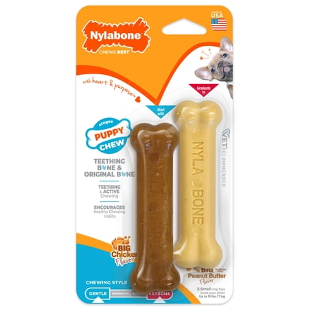Nylabone Puppy Chew Teething Bone Dog Toy Dog Chew Toy Chicken & Peanut Butter Flavor X-Small 2 Pack