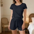 thumbnail image 6 of DYTTDG Women's Silk Short Sleeve Pajama Set | 2-Piece Ruffle Hem Top & Drawstring Shorts with Side Pocket, Solid Color Loungewear for Summer, 6 of 7