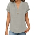 thumbnail image 7 of MOJOGO Women's Ruffle Short Sleeve Tops V Neck Linen Blouse Loose Quarter Button Up Shirts Loose Casual Summer Tops, 7 of 7