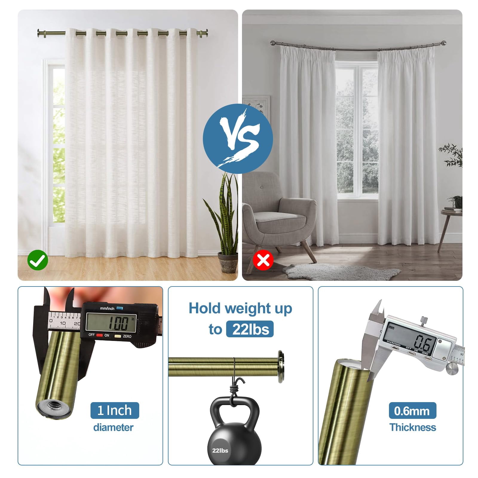 Urbanest 1" Adjustable Curtain Rod Set with Cap Finial Metal Window Drapery Rod, Modern Minimalist Design