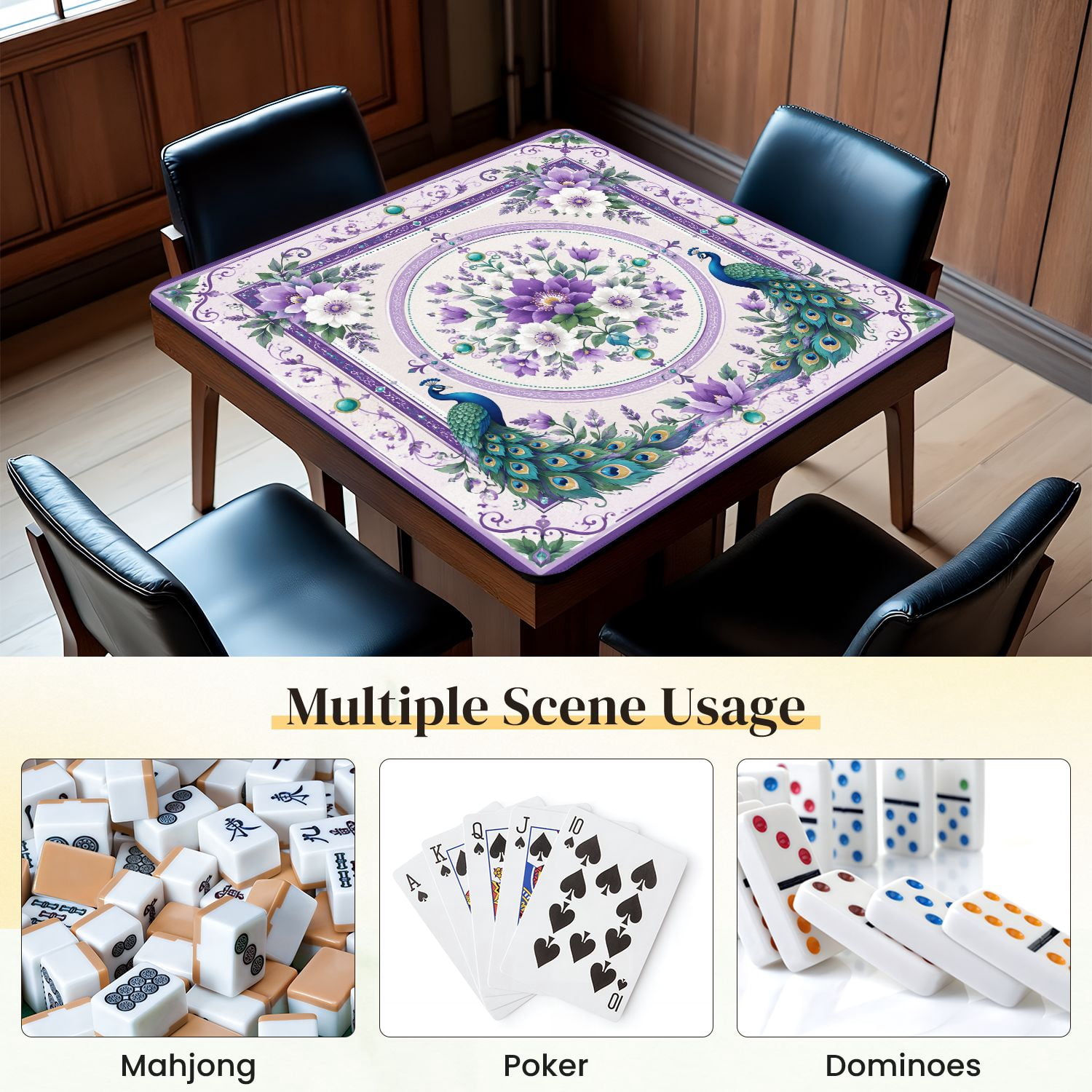 Mahjong Mat 31.5" x 31.5" Elegant Purple White Floral Peacocks Ornamental Border Non-Slip Noise Reduction Mahjong Tiles Table Cover for Dominoes Poker Card Board and Tile Games