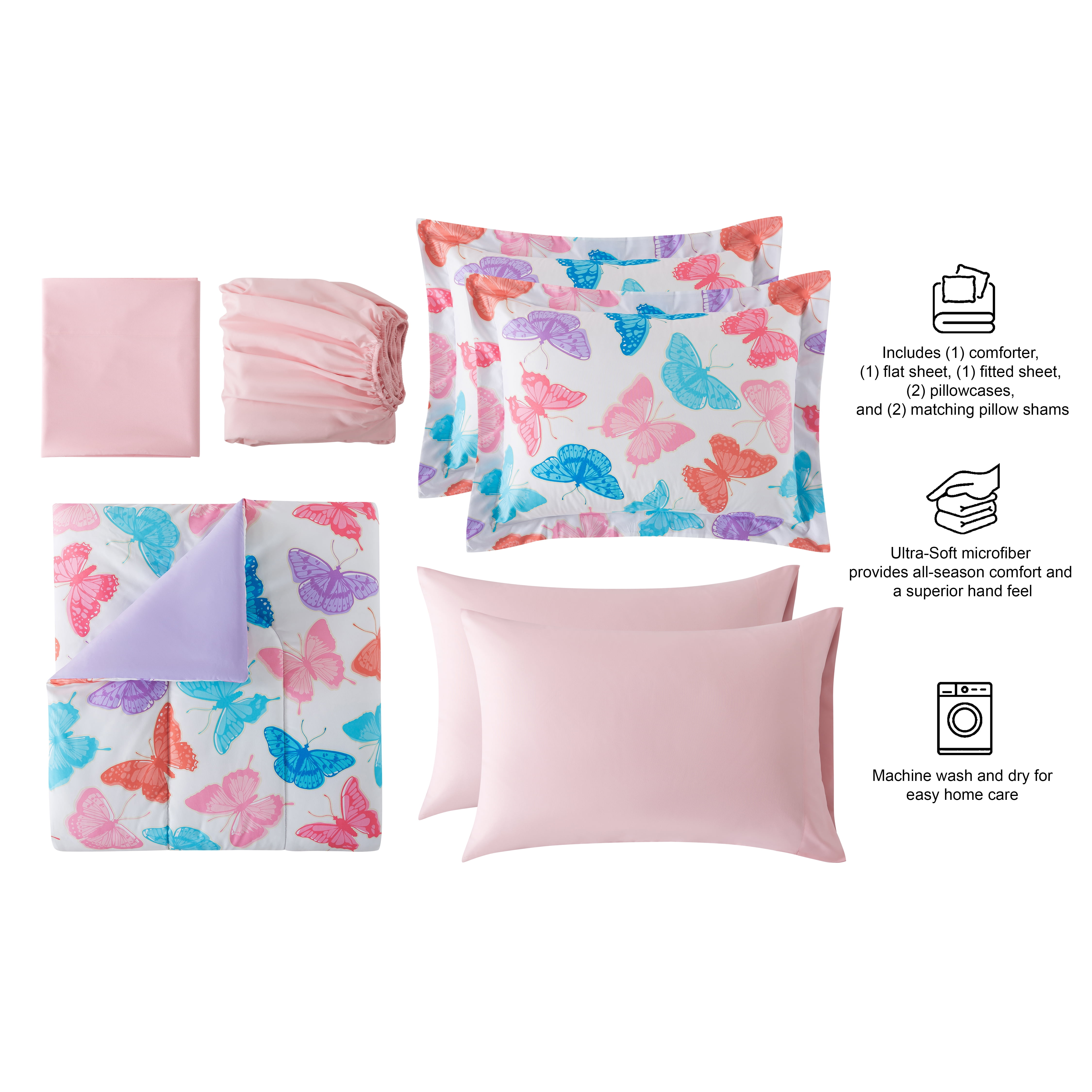 Your Zone Glow in the Dark Butterfly 7-Piece Kids Bedding Set with Fabric Storage Bag, Full