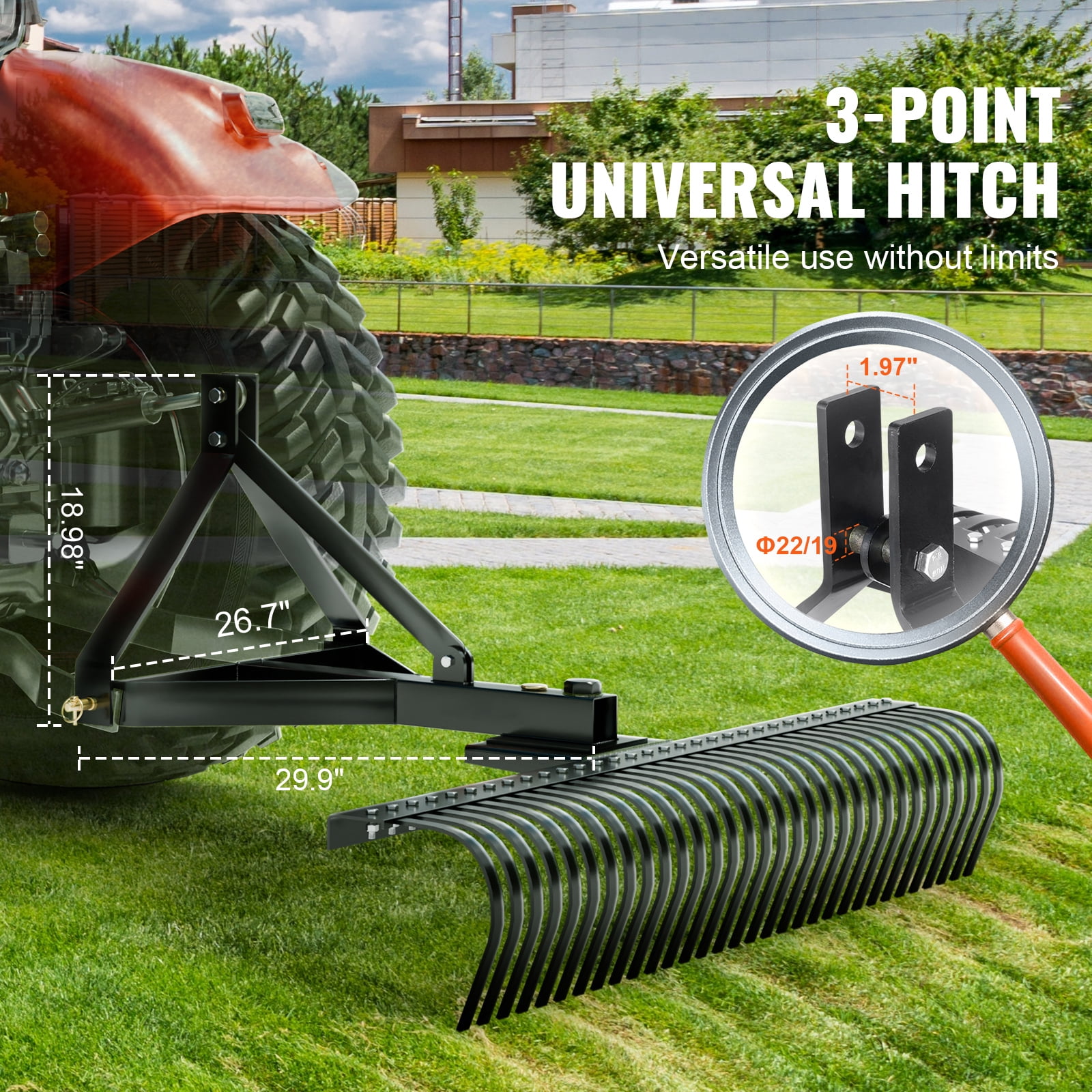 KFFKFF Pull-Behind Thatch Remover, 60" Width, Equipped with 32 Durable Steel Prongs, Tractor-Compatible 3-Point Hitch Garden Rake, Ideal for Soil Preparation and Grass Maintenance