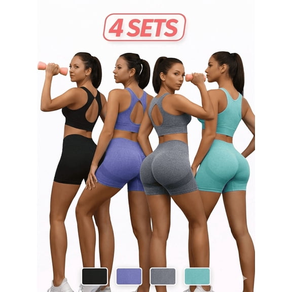 Women's 4 Pack Workout Sets, 8 Piece High Waist Yoga Shorts and Sports Bra Gym Activewear Outfits, Green