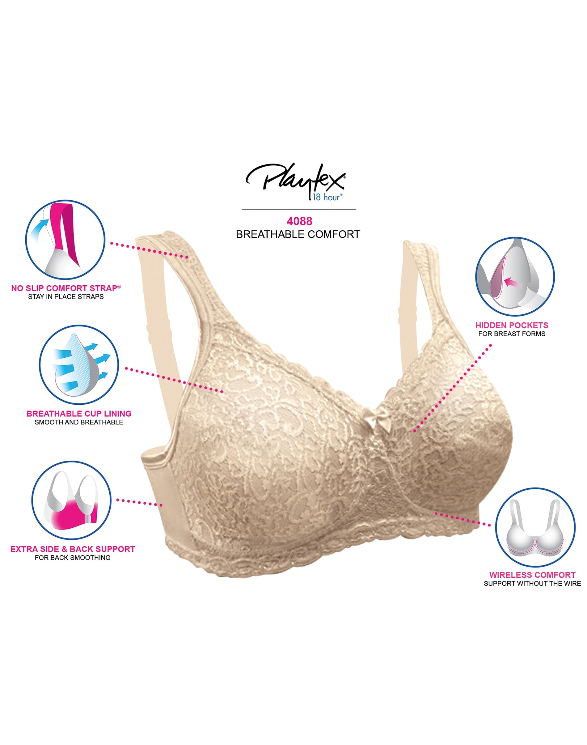 Playtex 18 Hour 4088 Breathable Comfort Lace Wirefree Bra White 46DD Women's