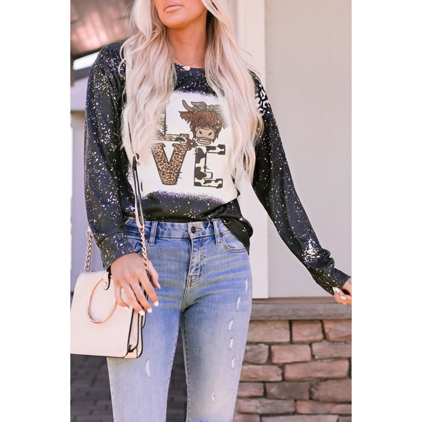 ABPHQTO Top de manga larga con estampado gráfico de vaca de leopardo LOVE negro para mujer