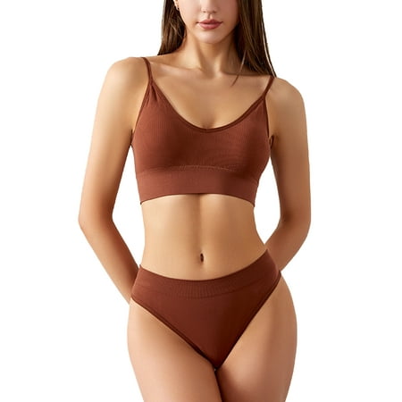 

Capreze Ladies Bralette Wide Shoulder Straps Bralettes Full Coverage Bra Set Removable Bras+Briefs Wirefree Coffee XL: 166-188 lb