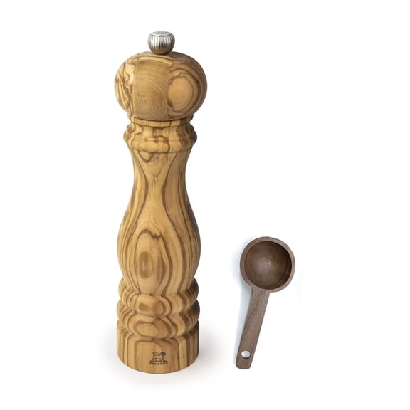 Peugeot Paris Olivier Salt Mill Gift Set Olive Wood - With Wooden Scoop (9 -Inch, Salt Mill w/Scoop)