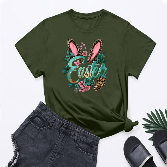 UPPADA Femmes Heureux Easter T-Shirt Bunny Lapin Graphique T-Shirt Manche Courte Lettres Amusantes Imprimées Chemises Manche Courte Col Rond Tuniques Hauts Vert Armée,G