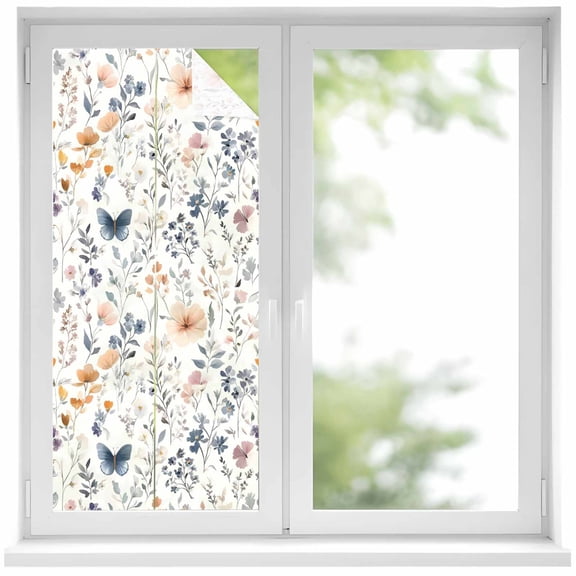 Watercolor Flower Window Privacy Film, Spring Farm Leaf Country Retro Plant Static Cling UV Sun Blocking Heat Control Window Tint, Non-Adhesive One Way Windows Privacy Cover 17.7''x39.3''