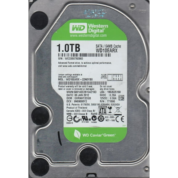 WD10EARX-22N0YB0, DCM EHRNHT2CGB, Western Digital 1TB SATA 3.5 Hard Drive