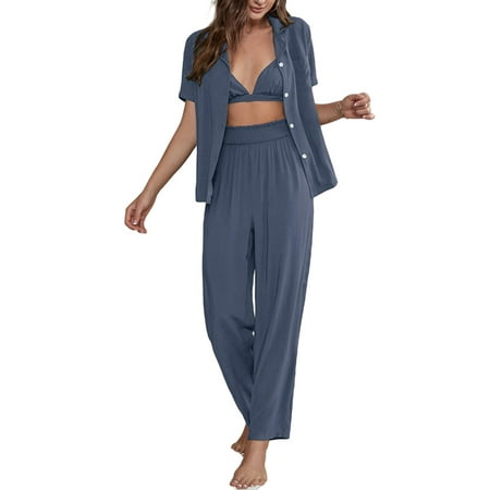 

Thaisu Women’s 3 Piece Pajamas Set Short Sleeve Button Up Shirt + Pants + Bralette Set Nightwear