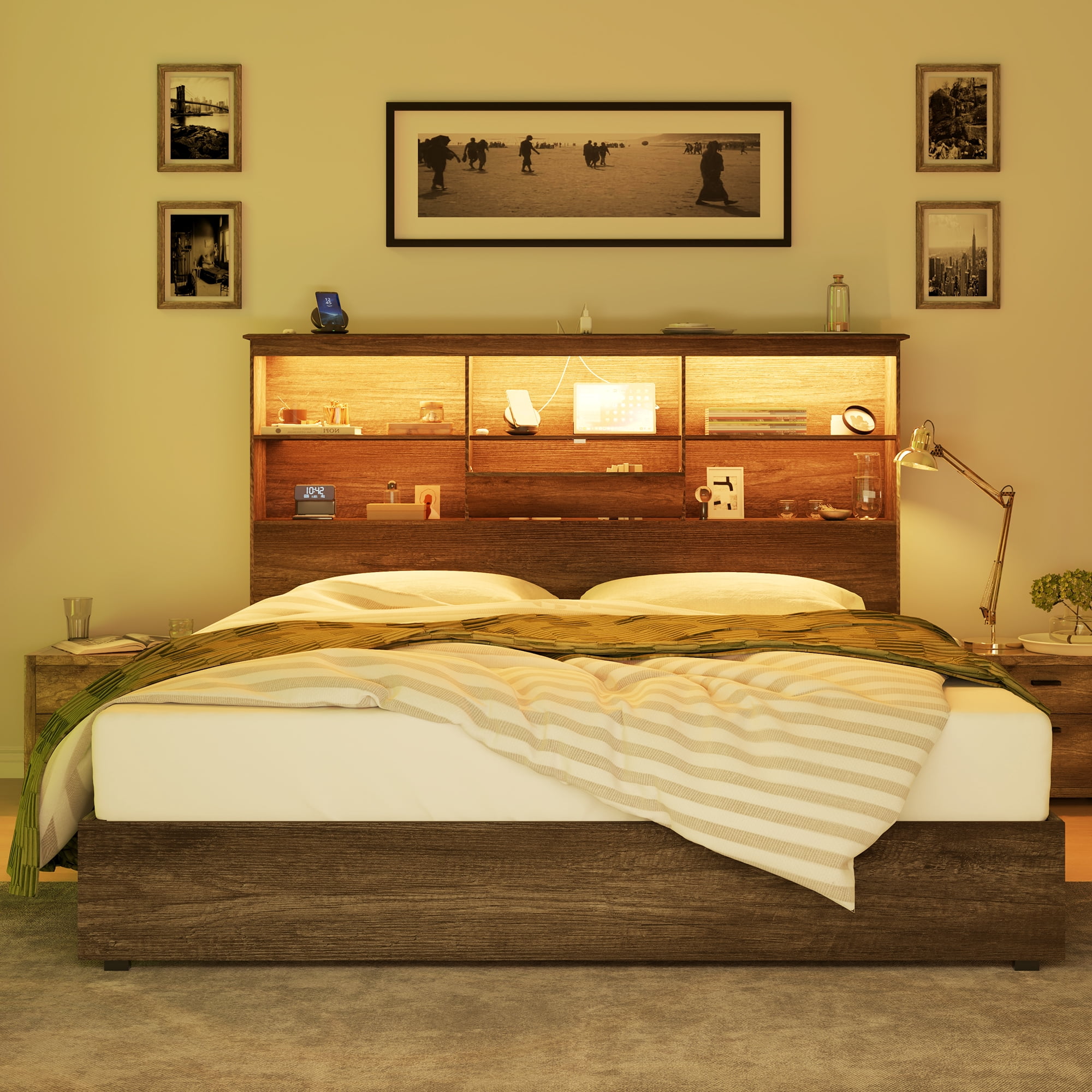 Merluxy King Size Bed Frame Wooden Platform Bed with Storage Bookcase Headboard, 4 Storage Drawers & Charging Station/Noise Free/Rustic Grey
