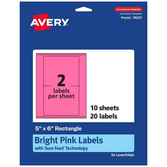Avery Printable Rectangle Labels, Bright Pink, 5" x 6", 20ct