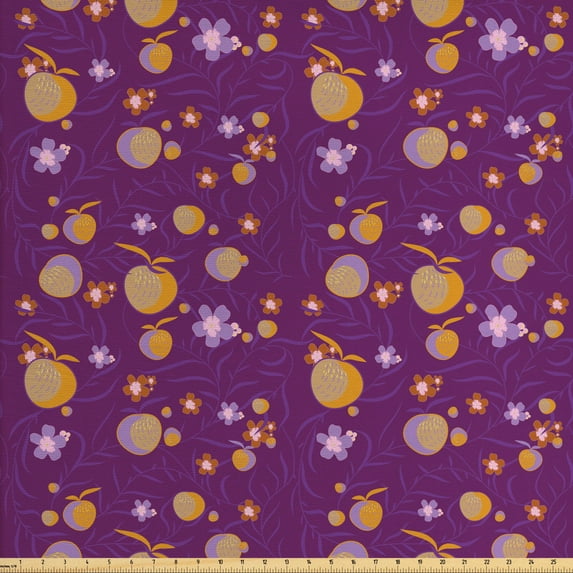 Floral Upholstery Fabric by the Yard, Summer Themed Illustration of Flowers Leaves and Fruits Oranges on Branch, Decorative Fabric for DIY and Home Accents, Plum and Multicolor by Ambesonne