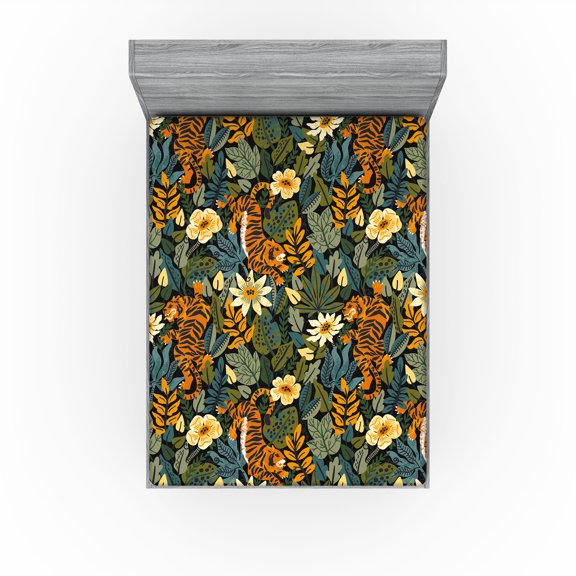 Ambesonne Jungle Boho Fitted Sheet, Tiger and Flora Patter, King Size, Peacock Green Apricot