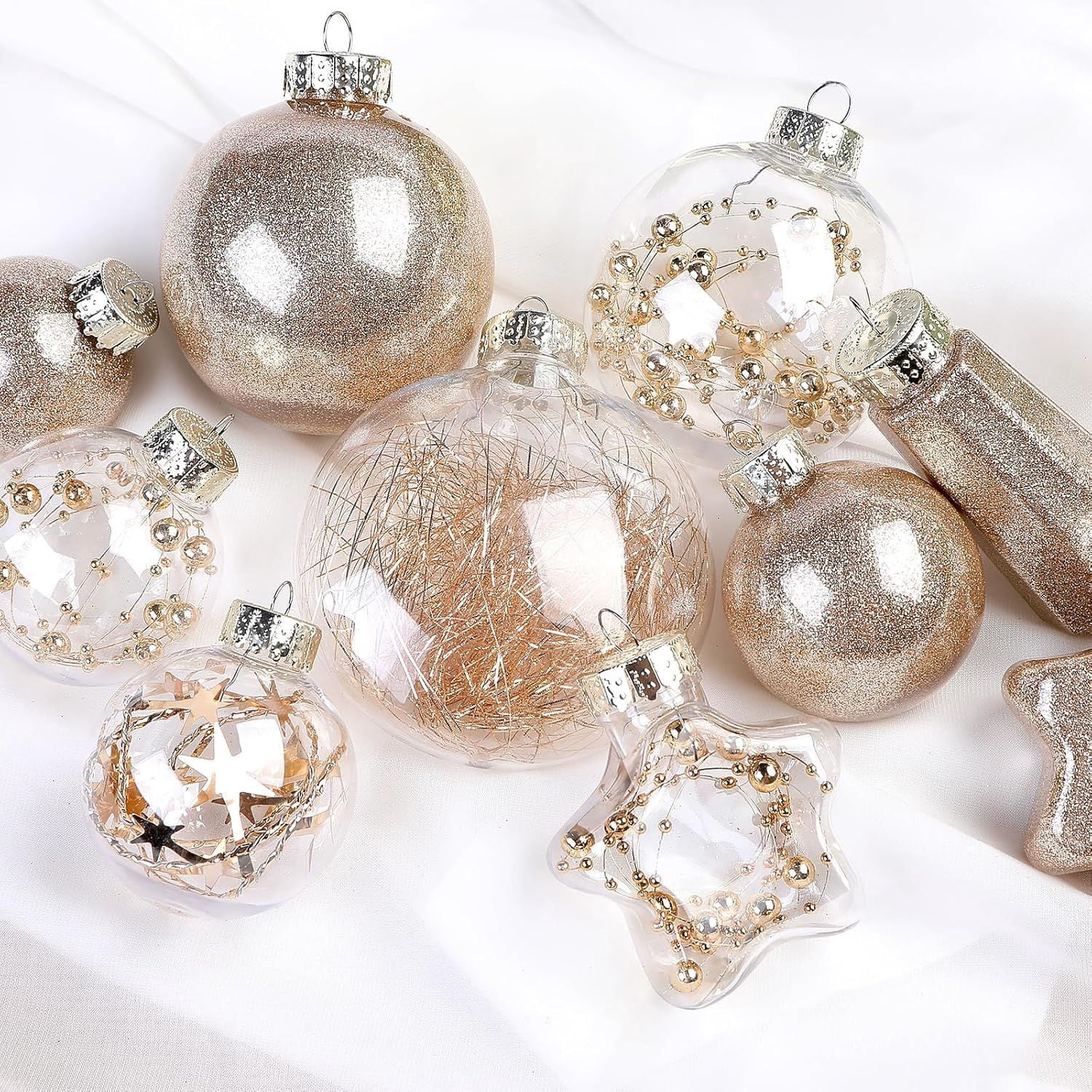 86PCS Christmas Tree Ornaments Clear Set, Shatterproof and Clear Plastic Baubles for Xmas Tree Decor, Holiday Wedding Party Decoration, Champagne