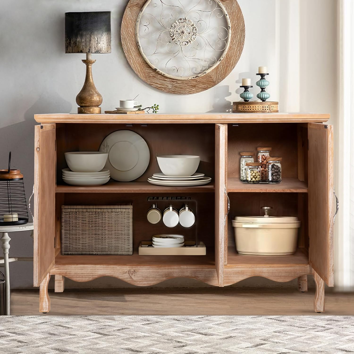 CozyHome Vintage Sideboard Buffet Cabinet with 3 Carved Doors, Rustic Accent Cabinet Storage Cabinet with Shelves, Wood Entryway Cabinet for Kitchen, Dining Room, Living Room, Bedroom, Natural