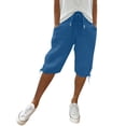 thumbnail image 2 of Bermuda Shorts for Women Length Drawstring Elastic Waist Linen Shorts Casual Summer Pedal Pushers with Pockets,Blue L, 2 of 6