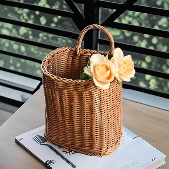 Woven Hanging Wall Basket for Front Door – Imitation Wicker Door Basket for Mail, Flowers & Home Storage, Wall Hanging Basket for Garden Farmhouse