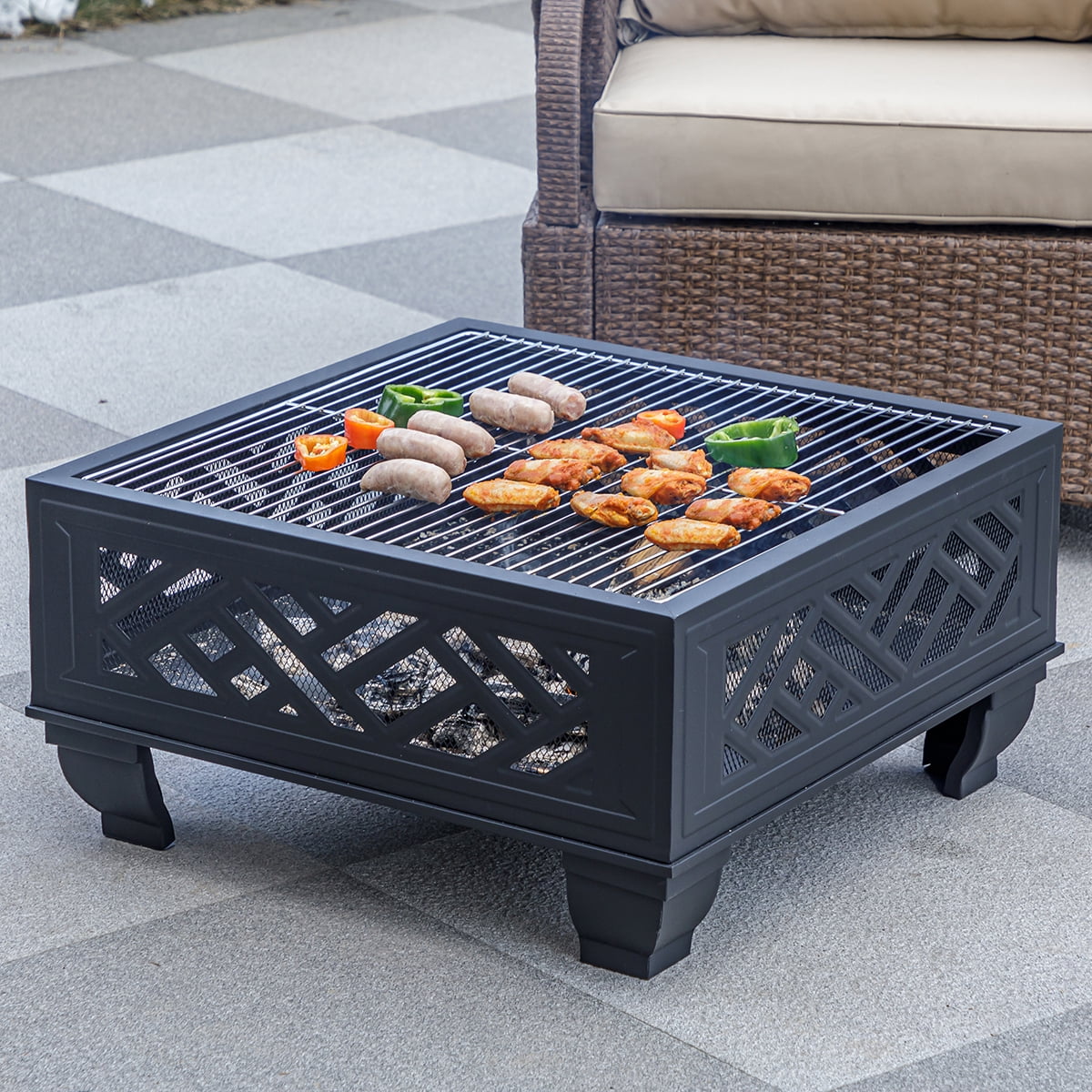 MistMo 26" Fire Pit with Grill for Outside, Square Outdoor Wood Burning Metal Firepit with Poker Black