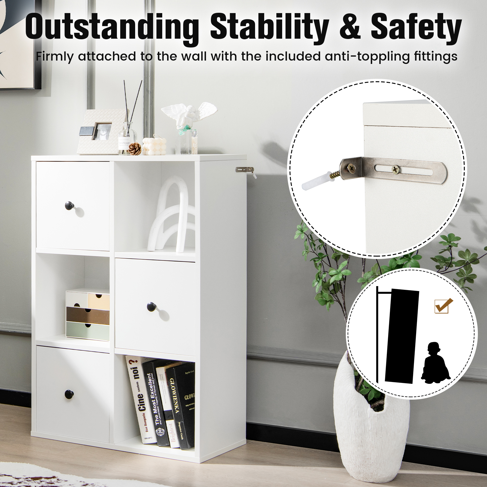 Giantex 6-Cube Bookcase w/Drawers, Freestanding Wooden Bookshelf Organizer for Kids Room, Living Room, Study, Bedroom, White