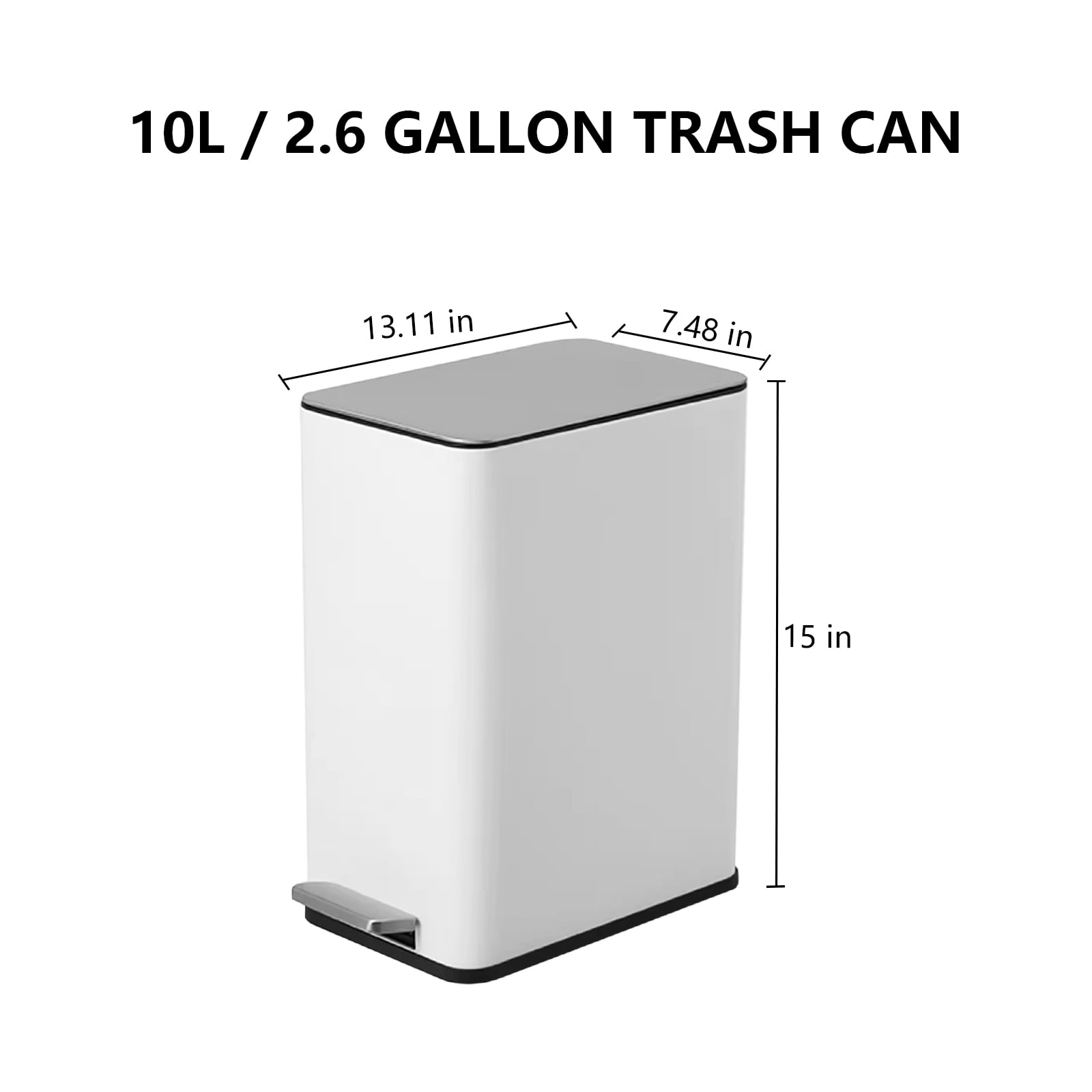 Simplykleen 10L/2.6 Gallon Rectangular Step Trash Can Stainless Steel with Removable Inner Bucket for Kitchen Bathroom White