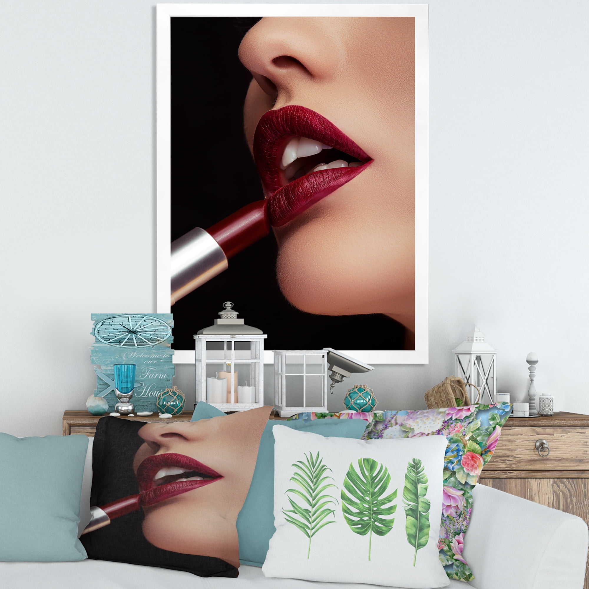 Designart 'Woman Applying Red Lipstick On Lips I' Modern Framed Art Print