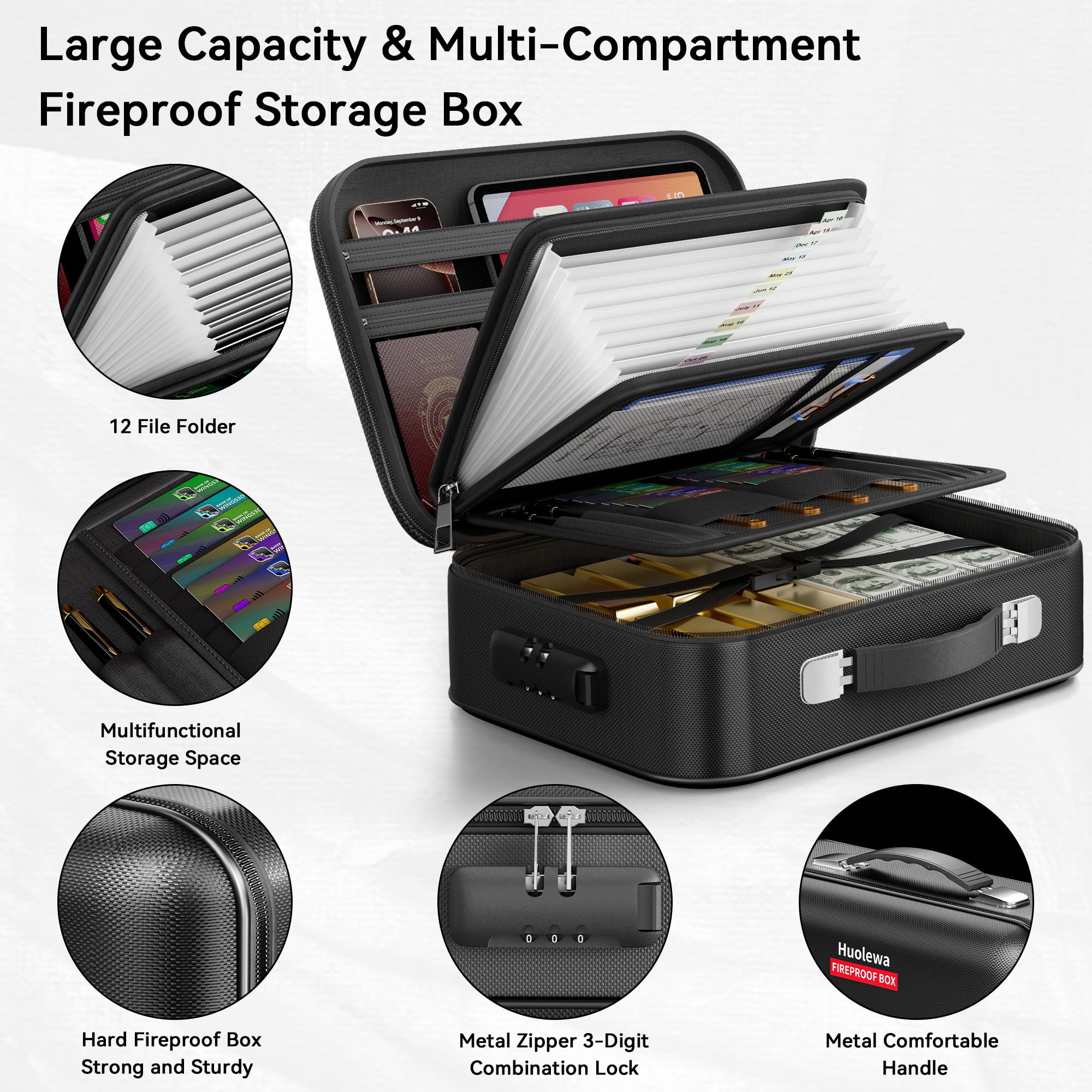 Gijjgole Fireproof Document Box, Hard Case Fireproof Box with Lock, Portable Hard-Shell Fireproof Water Resistant Document Safe Box for Important Documents, Laptops, Passports, Files and More