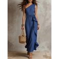 thumbnail image 5 of Womens Blue One Shoulder Sleeveless Ruffle Maxi Dress Vacation, 5 of 6
