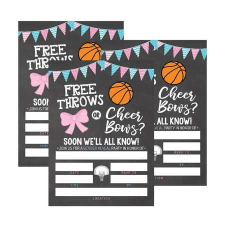 25 Basketball Gender Reveal Baby Shower Party Invitation Cards, Free Throws or Cheer Bows For Gender Neutral Unisex Invites Guess If It's a Boy or Girl Sprinkle Fill In The Blank Printable Invite Pack