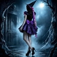 thumbnail image 6 of Women Halloween Purple Gothic Court Dress Set,Women 2 Piece Purple Black Gothic Dress with Hat, Suitable for Themed Party and Stage Show, 6 of 6