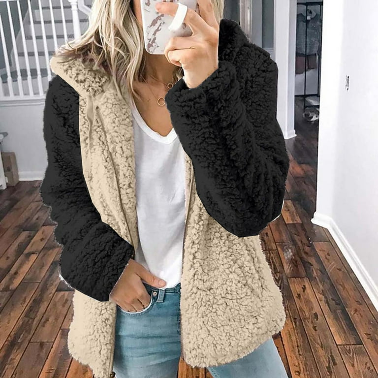  Women Faux Fur Coat Fleece Jacket Solid Color Fuzzy
