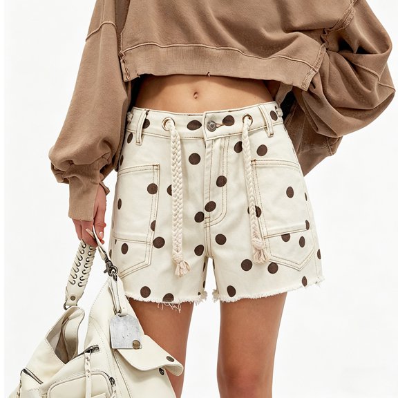 2026 Summer New Women's Off White Brown Polka Dot Drawstring Waist Raw Hem Denim Mini Shorts