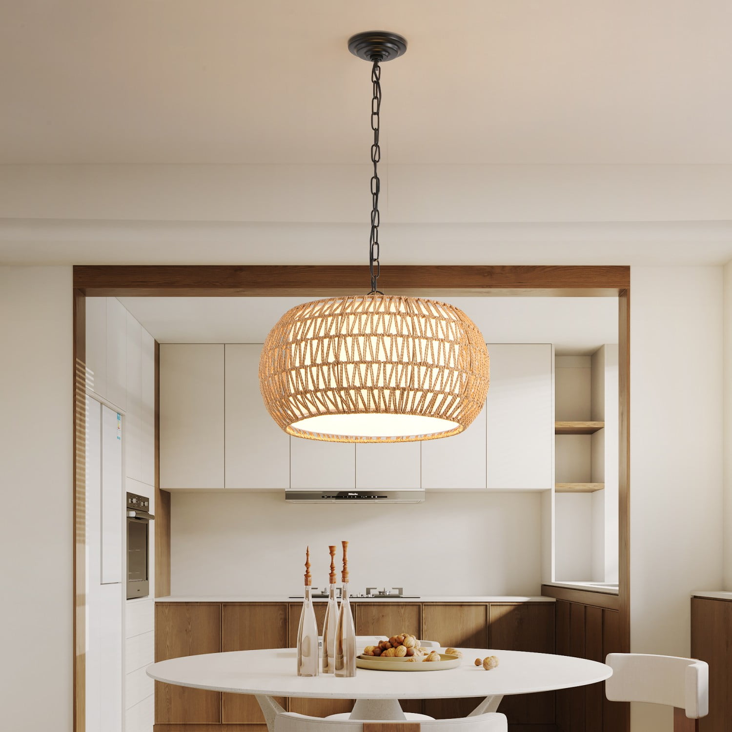 18” Farmhouse Pendant Light with Adjustable Height  Boho Woven Jute Rope Hanging Ceiling Light Fixture  E26 Base  60W Max  Compatible with Flat  Vaulted  and Sloped Ceil (Bulb Not Include