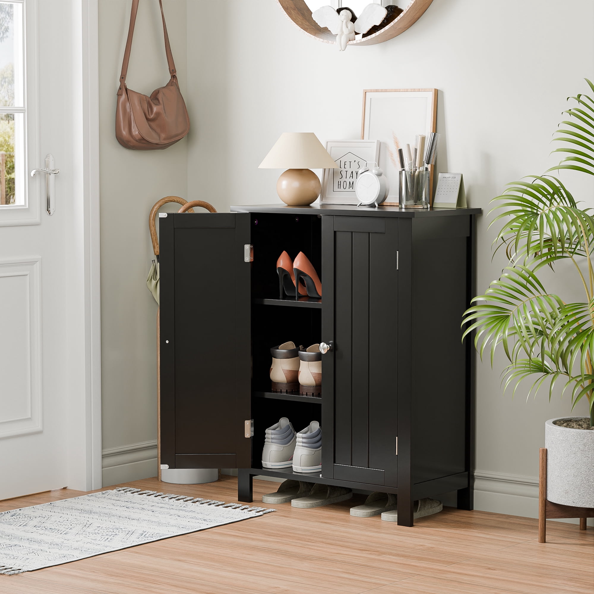 HomGarden 2-Door Bathroom Floor Storage Cabinet Side Cupboard W/ Adjustable Shelves, Black