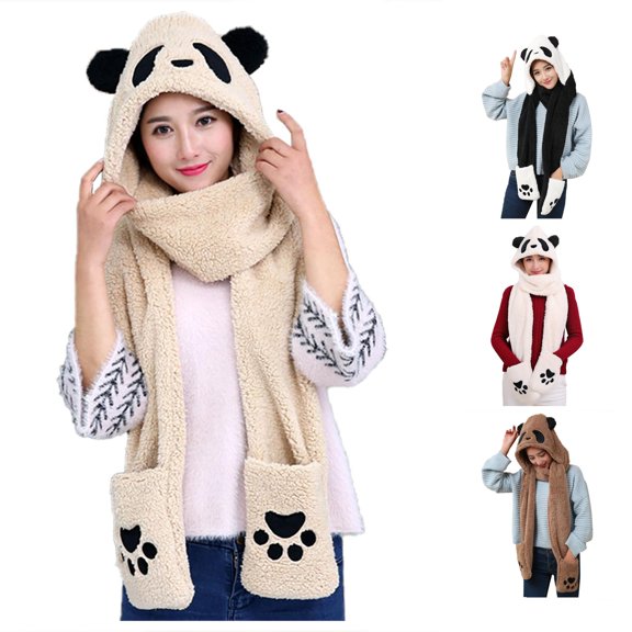 XIAOCHA Womens Panda‑Print Hooded Scarf Hat Plush Hats for Fall Winter Walk Hoodedscrafthats,Beige