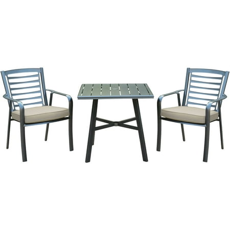 Hanover Pemberton 3-Piece Commercial-Grade Bistro Set with 2 Cushioned Dining Chairs and a 30 Square Slat-Top Table