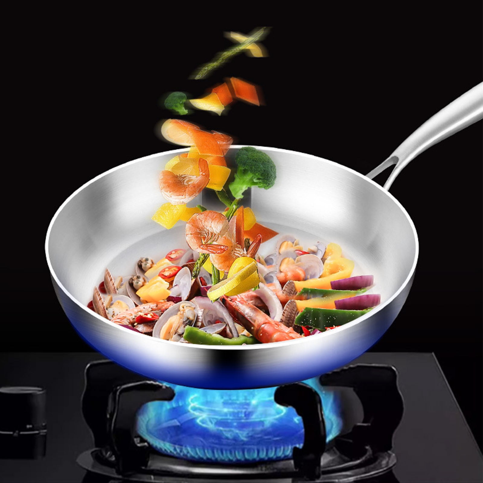 304 Stainless Steel Frying Pan, Three-Layer Flat-Bottomed Cookware for Even Heat Distribution, Non-Stick Uncoated Design, Kitchen Gift Pot