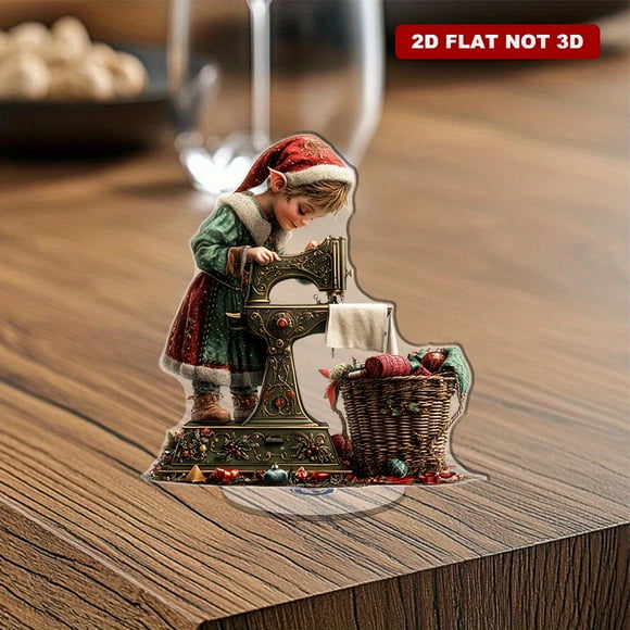 Rotating acrylic ornament featuring a vintage sewing machine, an elf with costume, and a colorful thread basket, perfect for holiday decor