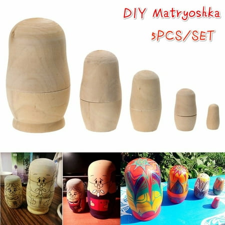 5pc Unpainted DIY Blank Wooden Embryos Russian Nesting Dolls Matryoshka Toy Gift