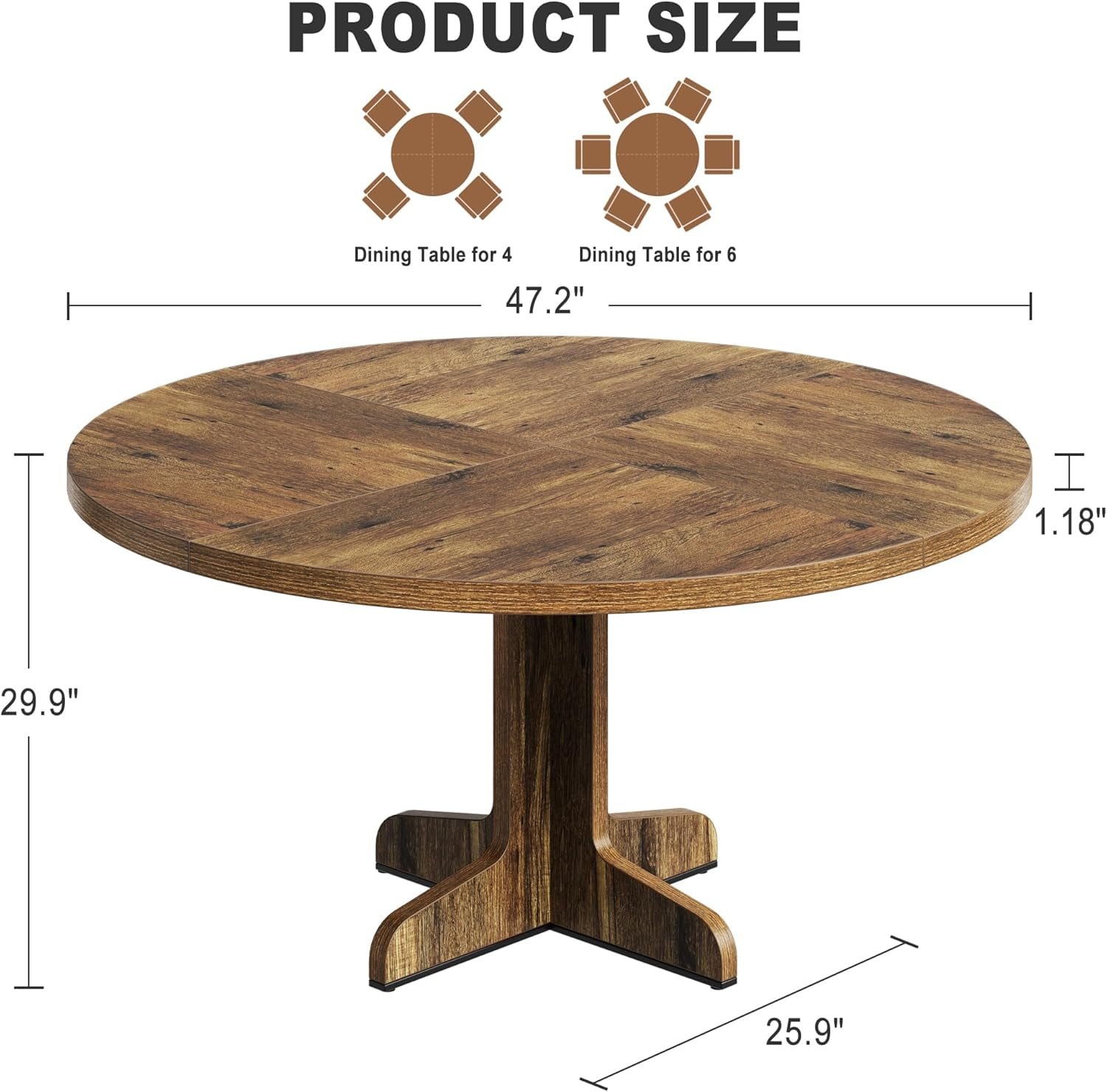 GAOMON 47 inch Round Dining Table for 4-6 People, Farmhouse Circle Kitchen Table with Wooden Table Top and Legs, Dinner Table for Dining Room Living Room, Brown (Only Table)