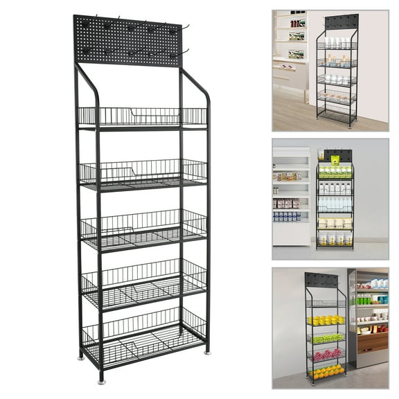 Modern Retail Display Rack with 5 Tiers and 10 Hooks, Adjustable Feet, Elevated Guardrails, and Easy-to-Move  Wheels for Retail Use