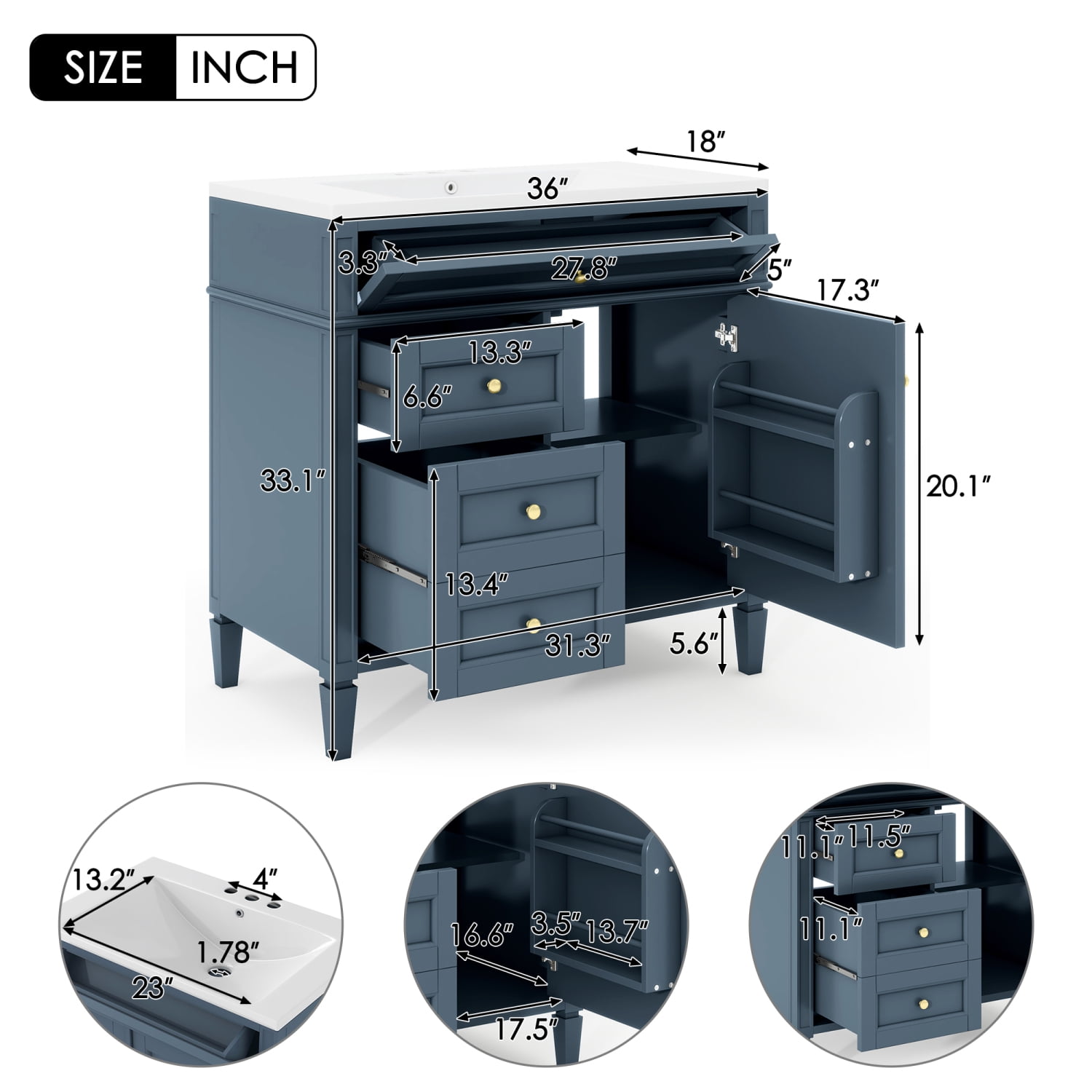 Harper & Bright Designs 36'' Bathroom Vanity with Top Sink Set, Modern Bathroom Storage Cabinet with 2 Drawers and Tip-out Drawer, Blue