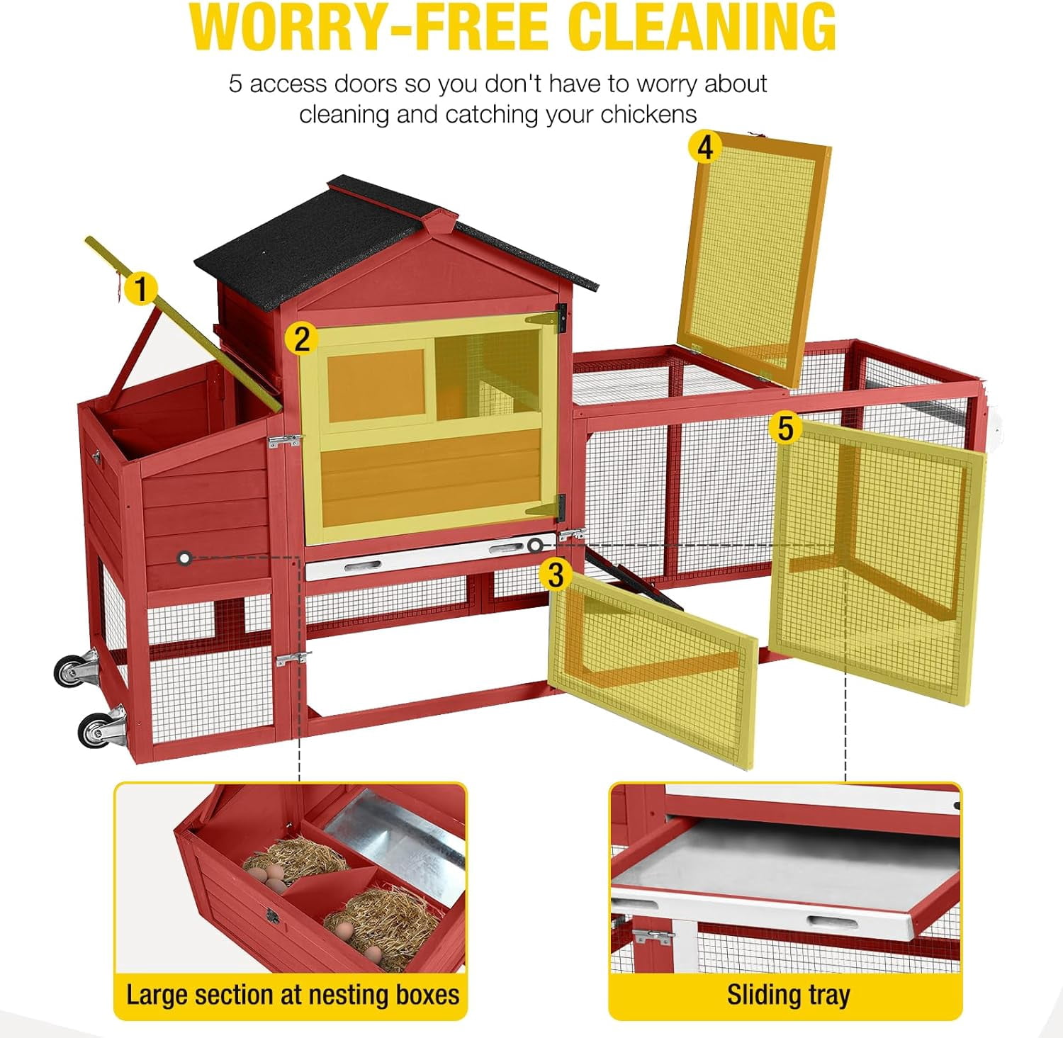 Aivituvin Large Chicken Coop with Wheels  82.4" L Outdoor Hen House with Run Nesting Box for 4-6 Chickens, Mobile Chicken House Portable Duck Coop Red