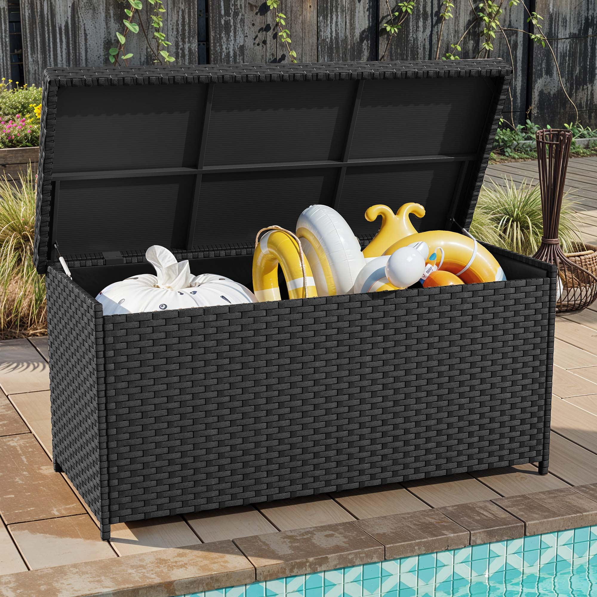 Uforic 260-Gallon Wicker Outdoor Deck Boxes with Waterproof Liner Bag, Rattan Storage Bin, Large Storage Deck Box - Black